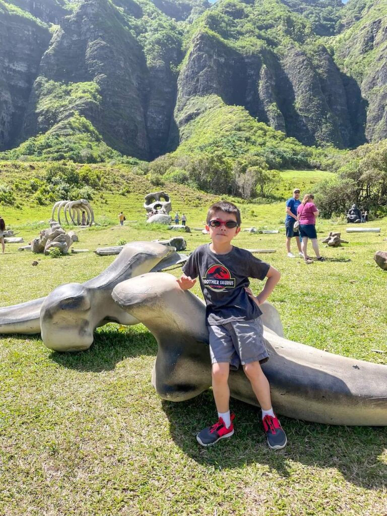 Image of a boy with fake dinosaur bones at Kualoa Ranch on Oahu