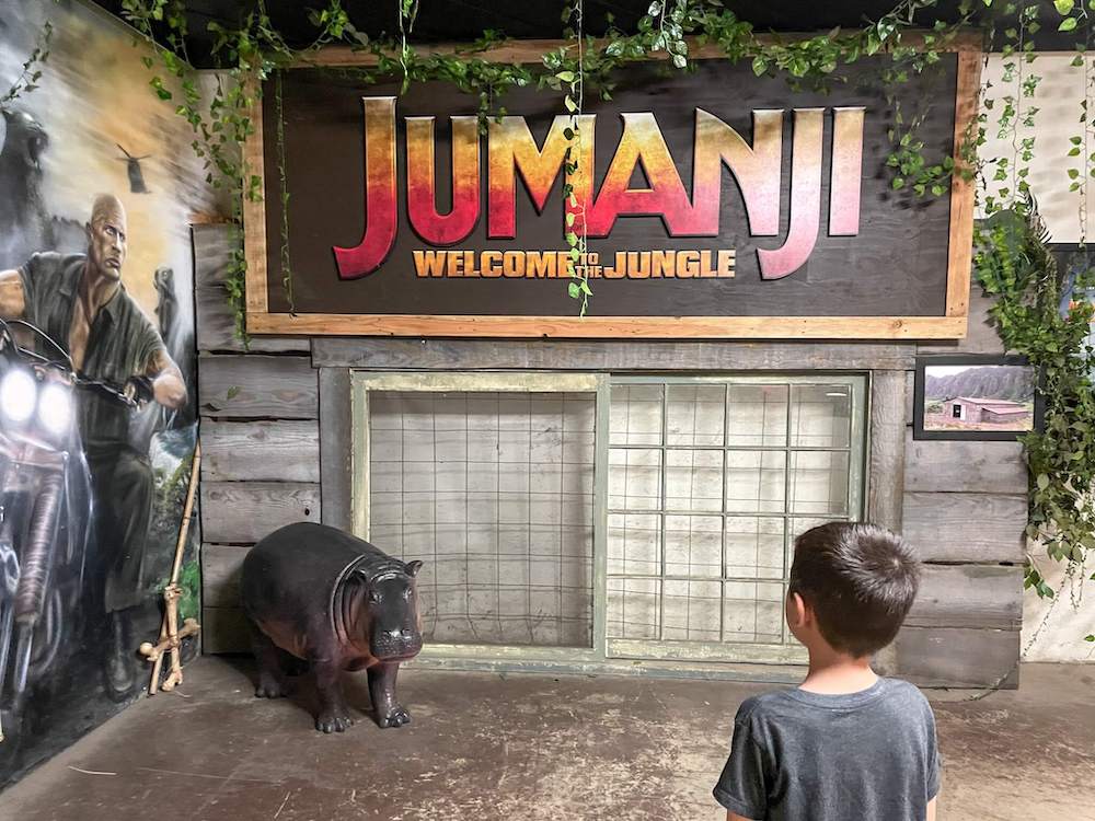 Image of the Jumanji Welcome to the Jungle sign with a boy looking at it