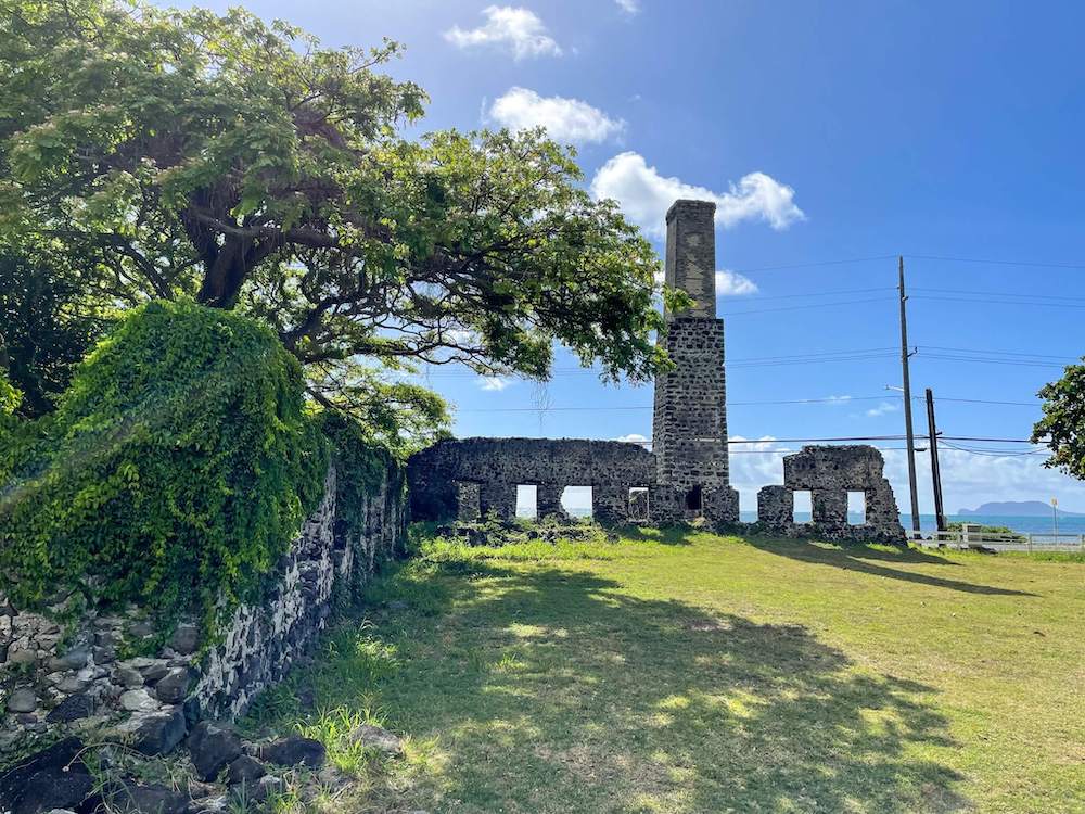 Image of the remnants of a stone sugar cane mill on Oahu.
