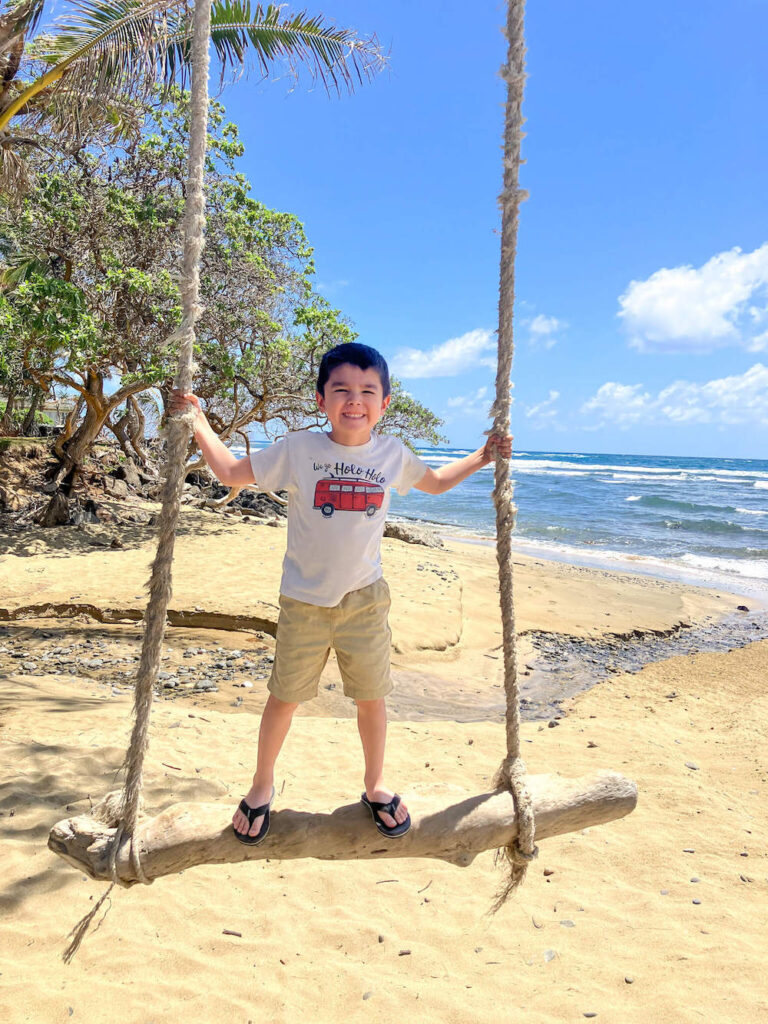 Image of a boy standing on a beach swing in Hawaii