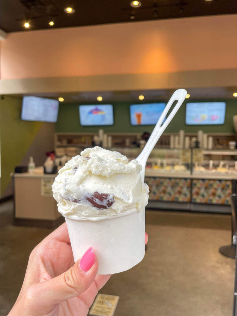 Image of a cup of white ice cream with chocolate chunks at Cafe Glace in Waikiki