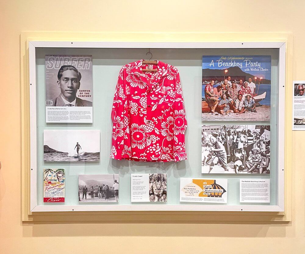 Image of a Duke Kahanamoku display at the Queen Kapiolani Hotel in Waikiki.