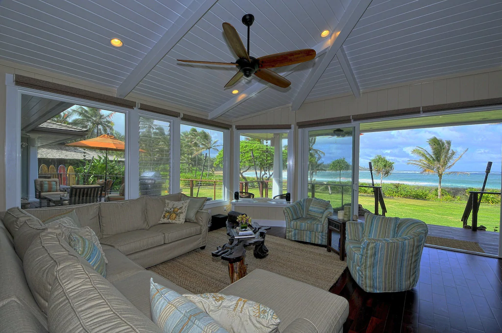 Image of a living room and ceiling fan in a Kauai beachfront home