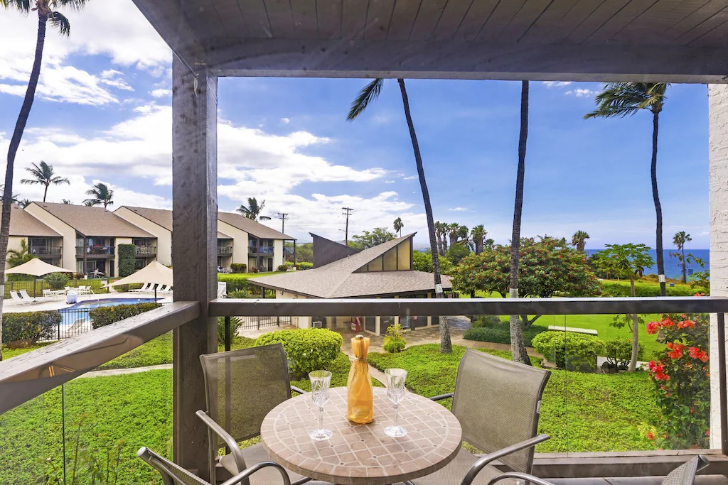 Image of a lanai with a table and 4 chairs overlooking a grassy area