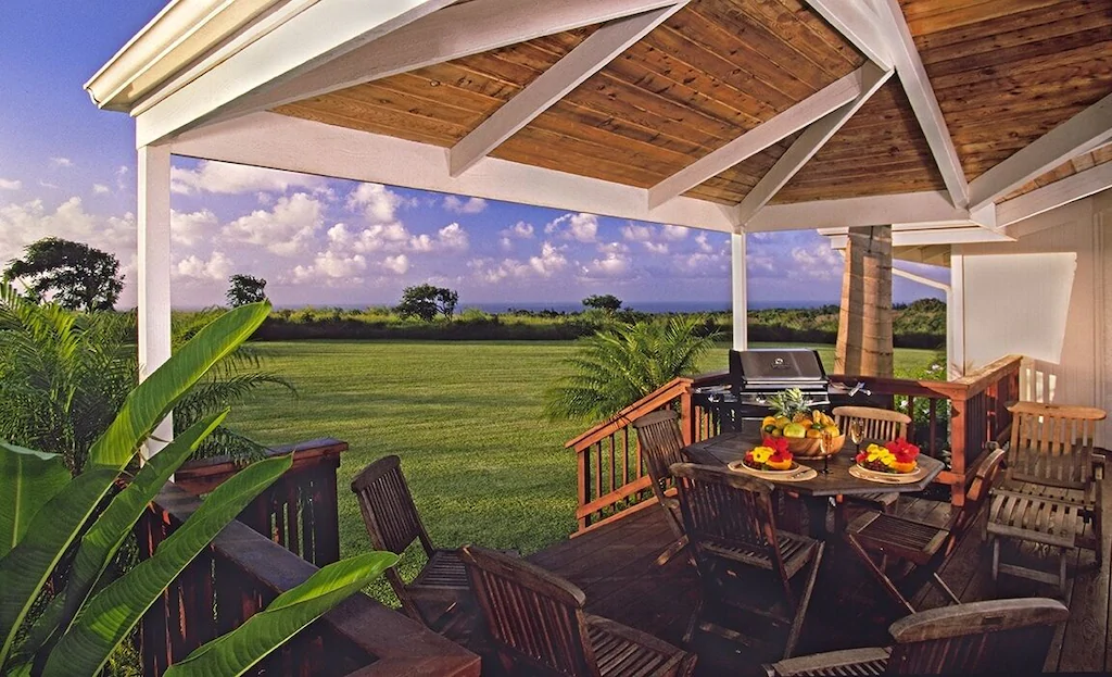 Image of a deck with a grill and a large grassy backyard.