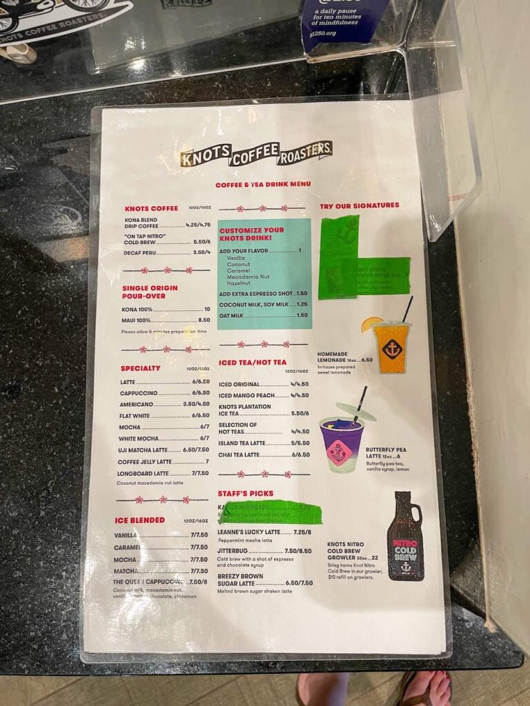 Image of the Knots Coffee Roasters menu.