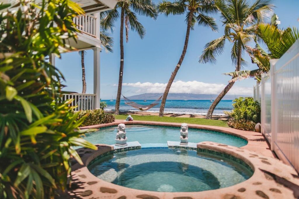 Image of a hot tub and pool surrounded by palm trees and the ocean.