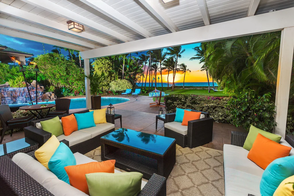 Image of colorful pillows on an outdoor patio set