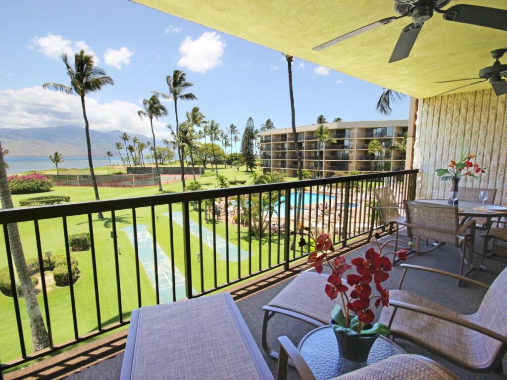 Image of a large lanai overlooking a grassy field and palm trees