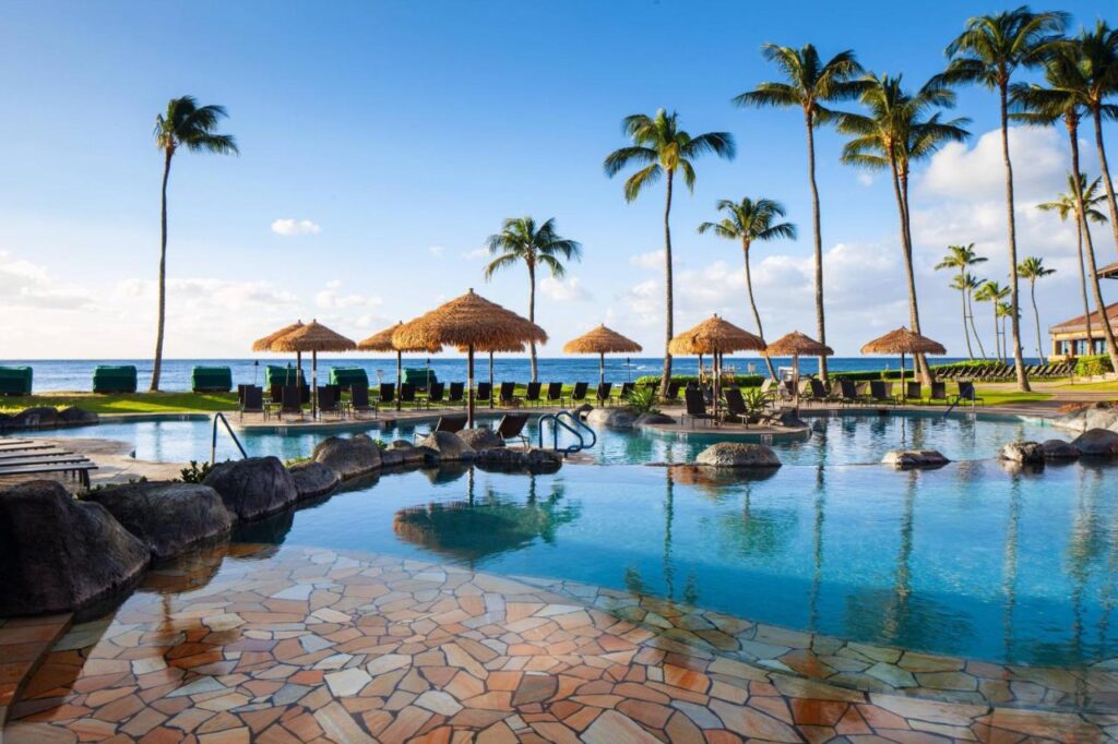 Image of a pool and chairs with straw umbrellas next to the ocean