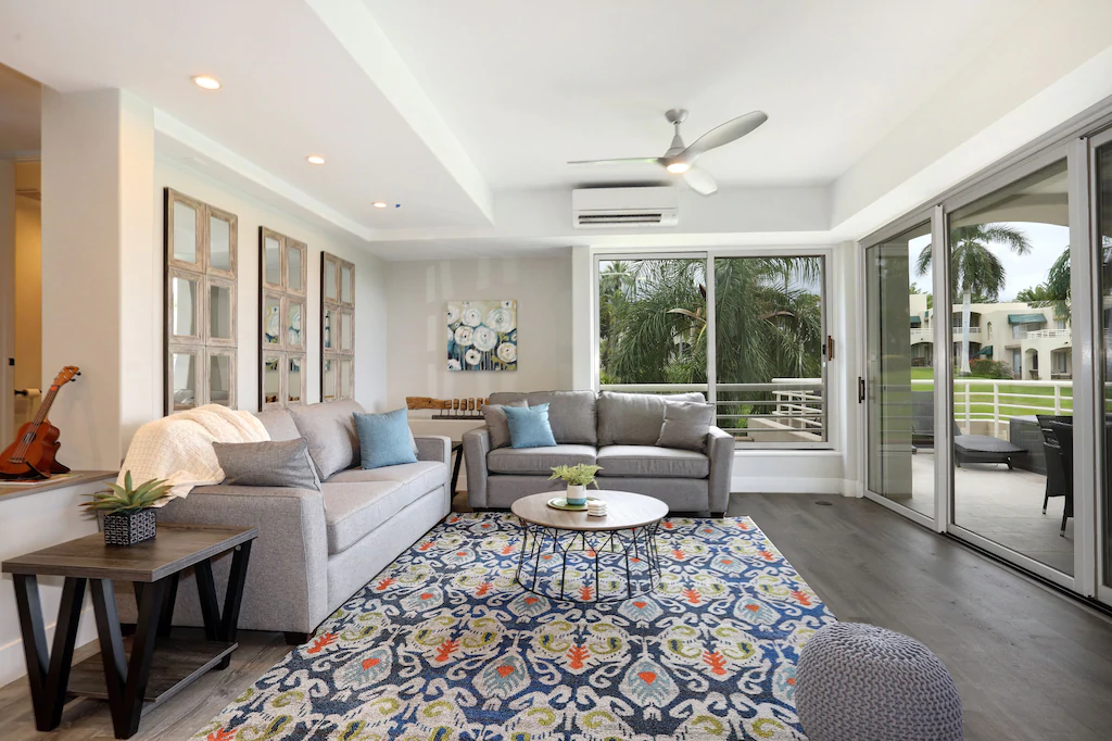 Image of two grey sofas inside a Maui condo