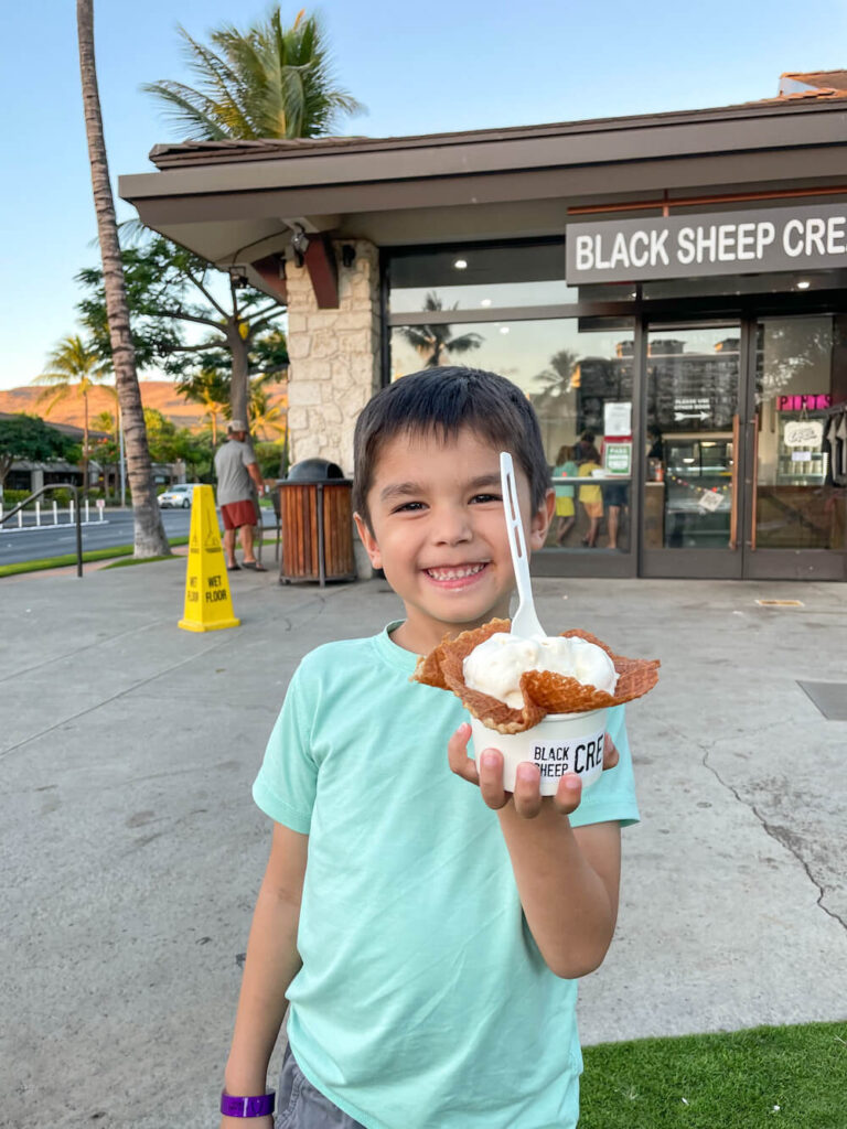 Image of a boy holding up a cup of ice cream in Hawaii