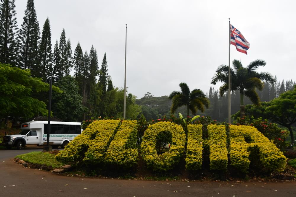 Image of a shuttle bus with a hedge that spells out ALOHA