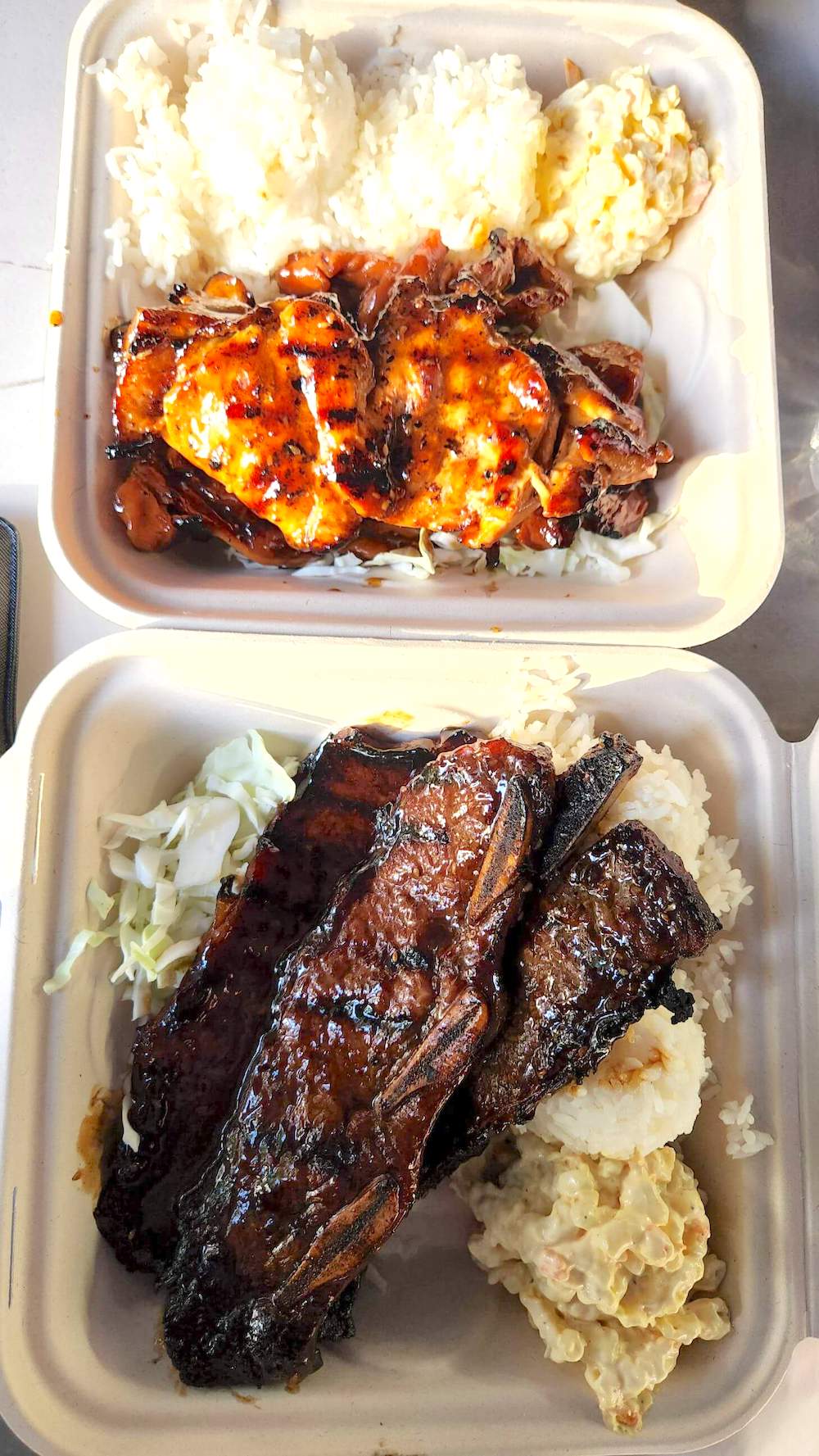 Image of Kalbi and chicken plate lunches from Ted's Bakery on Oahu