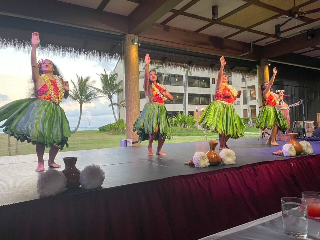 Luau Ka Hikina Kauai luau review: Image of hula dancers in ti leaf skirts