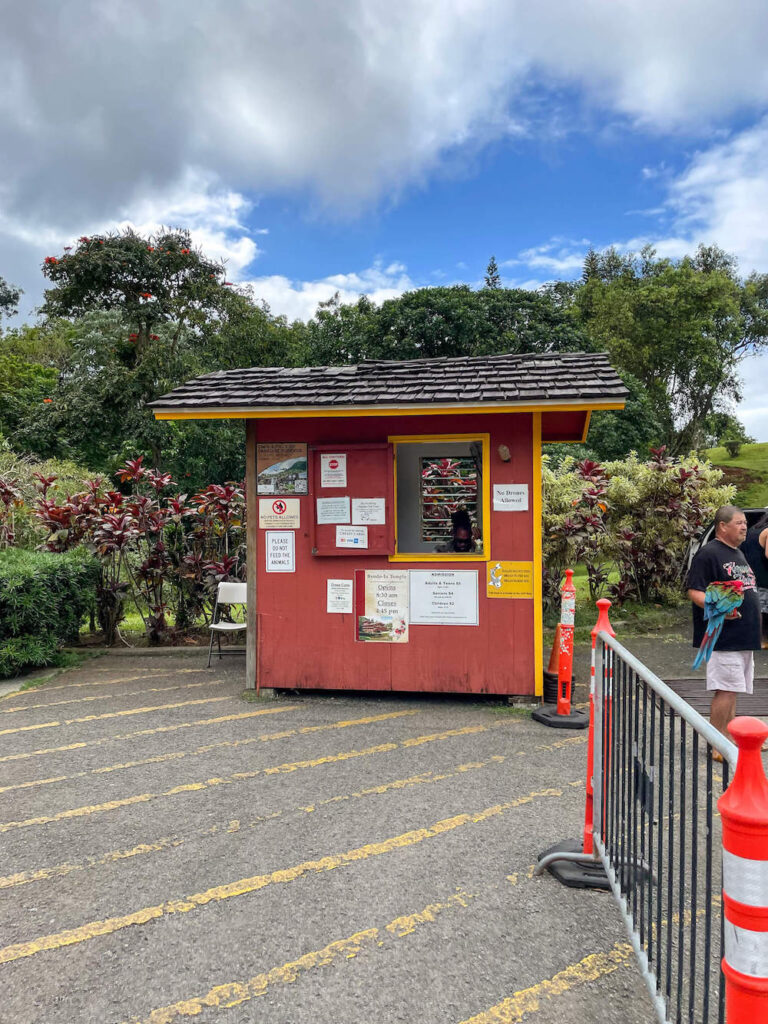 Image of a red ticket booth at the Byodo In Temple on Oahu