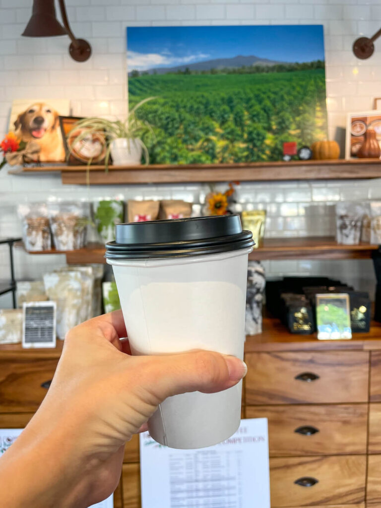 Best Kona Coffee Shops: Image of a white take-away cup inside a Kona cafe