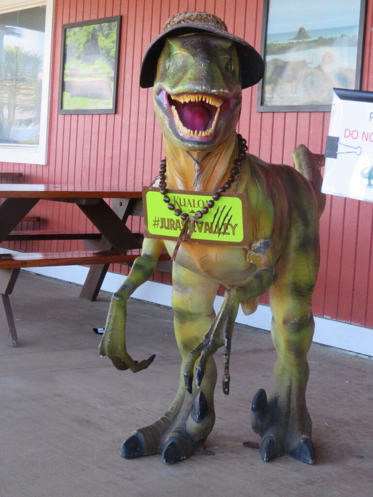 Image of a fake dinosaur at Kualoa Ranch on Oahu