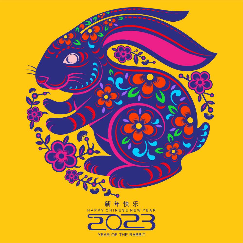 Happy chinese new year 2023 year of the rabbit zodiac sign, gong xi fa cai with flower,lantern,asian elements gold paper cut style on color Background. (Translation : Happy new year, rabbit year)