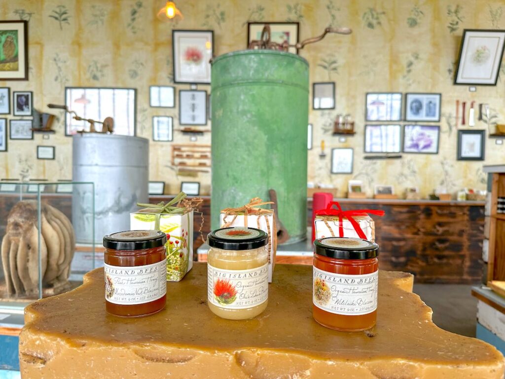 Image of 3 jars of honey at the Big Island Bees gift shop and museum.