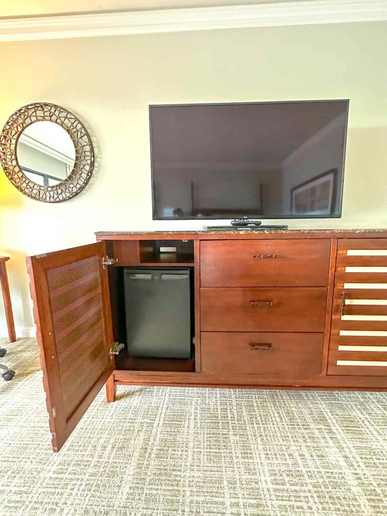 Image of a minifridge in a cabinet under a TV