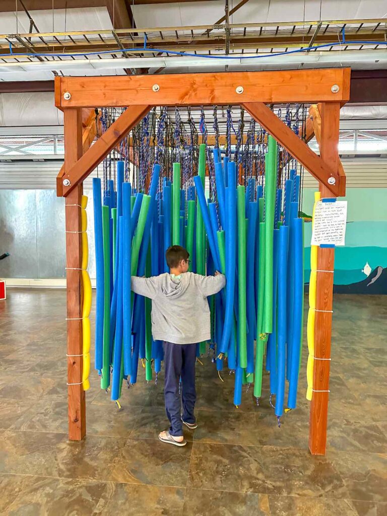 Image of a boy walking through pool noodles that represent a seaweed garden