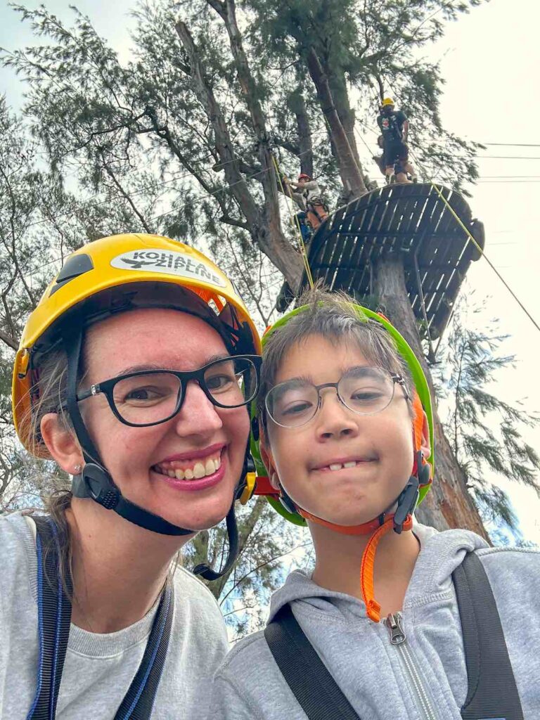 Image of a mom and boy taking a selfie at Kohala Zipline