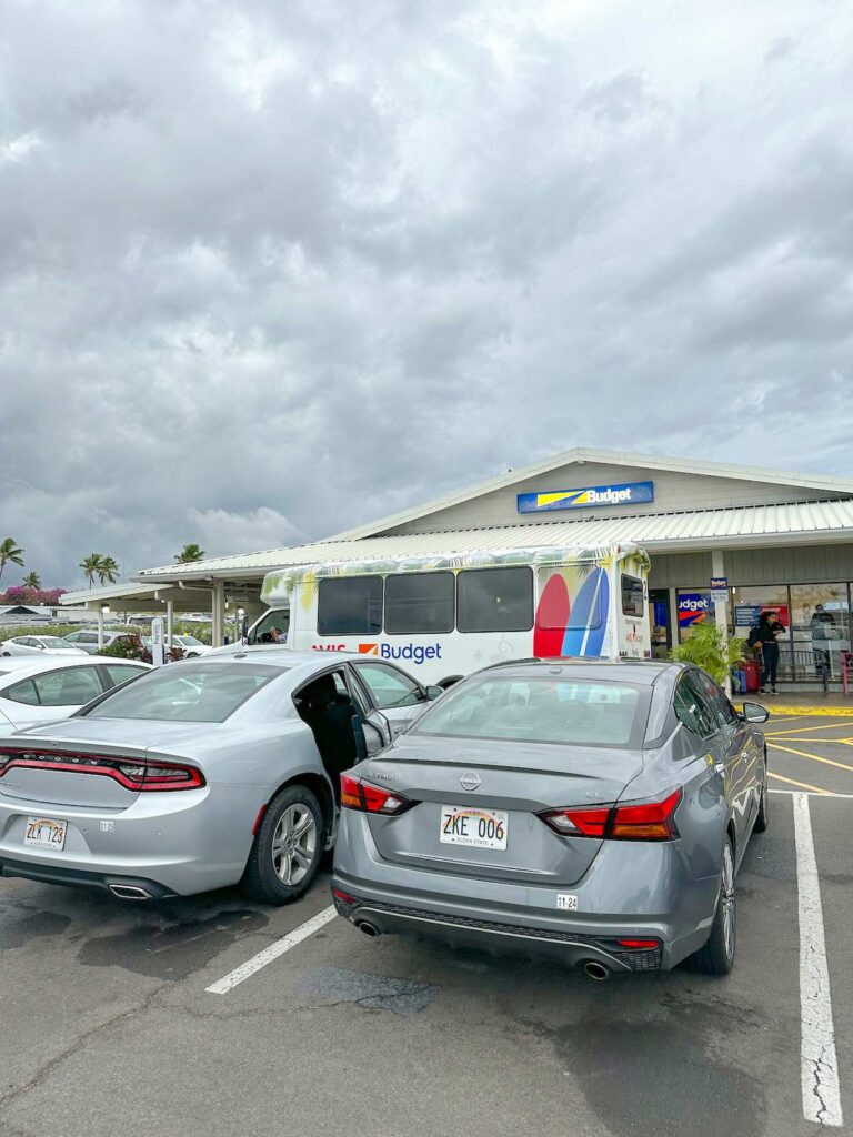 Image of the Kona Airport Budget rental car lot.