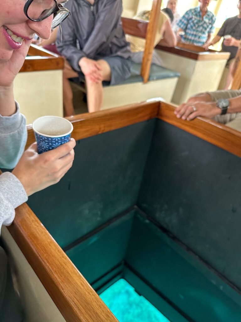 Image of a mom looking down into the water on the Kona Glassbottom Boat tour.