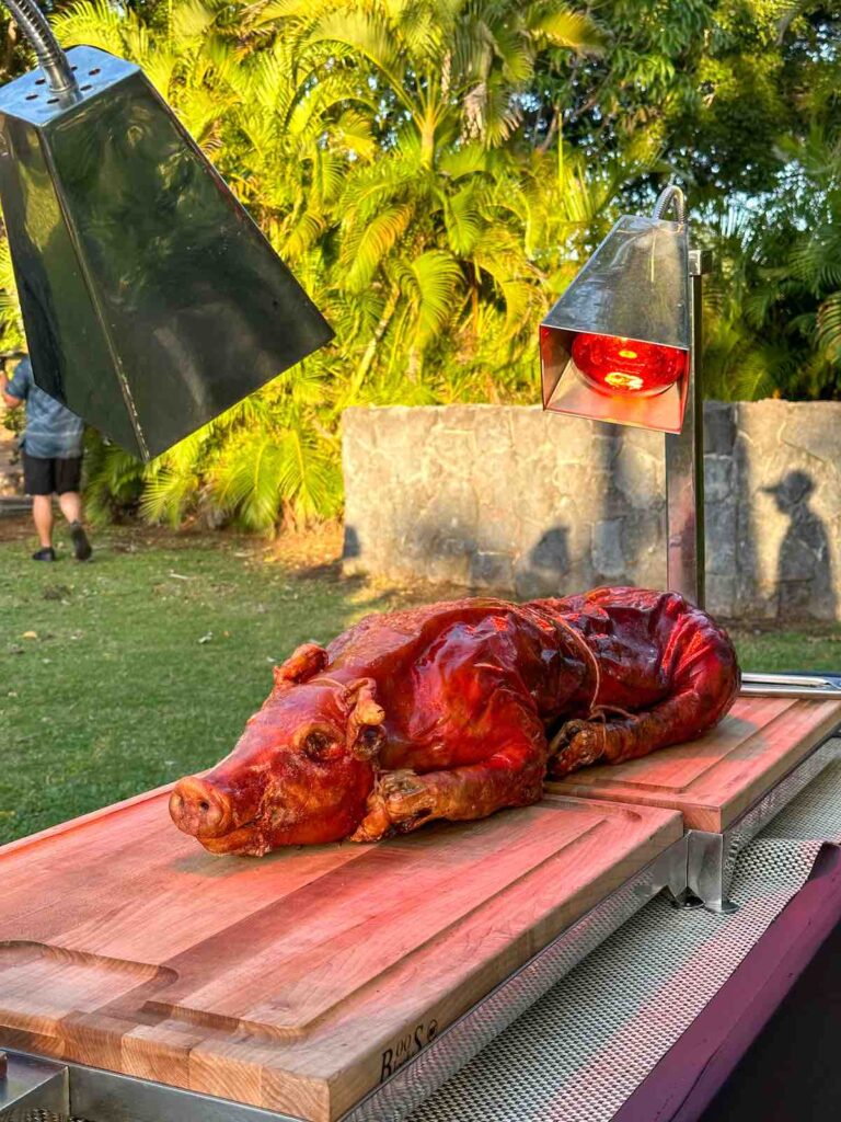 Image of a roasted pig at a carving station at a luau in Hawaii