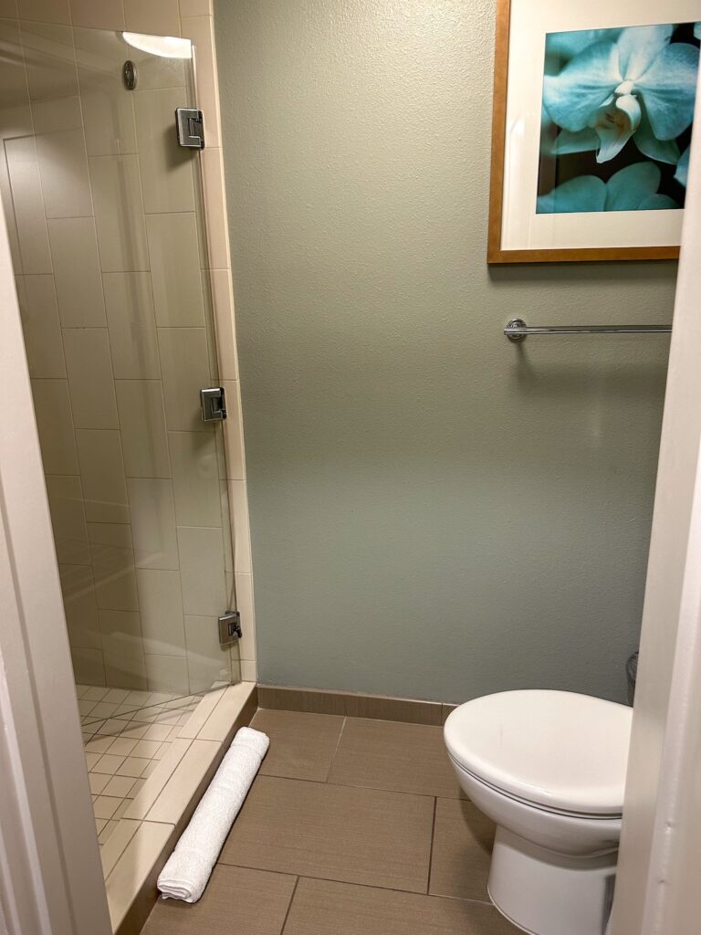 Image of a shower stall and toilet at the Hyatt Place Waikiki Beach. Photo credit: Marcie Cheung of Hawaii Travel with Kids