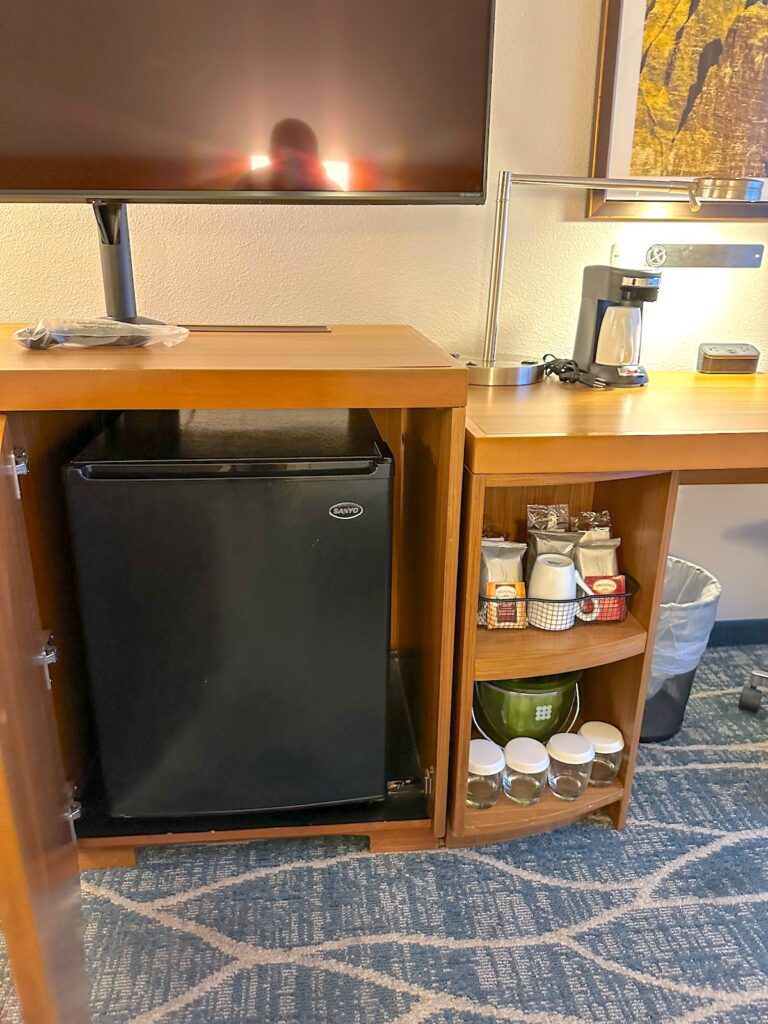 Image of a mini fridge inside the Hyatt Place Waikiki Beach hotel. Photo credit: Marcie Cheung oh Hawaii Travel with Kids