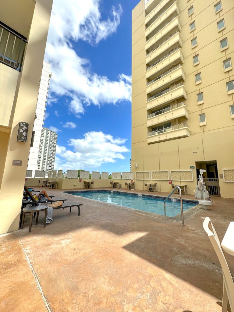 Image of a small pool at the Hyatt Place Waikiki Beach. Photo credit: Marcie Cheung of Hawaii Travel with Kids