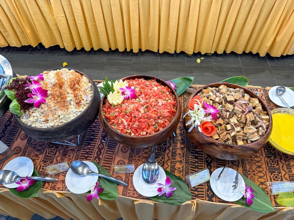Image of lomi lomi salmon, macaroni salad, and tofu at the Rock a Hula buffet in Waikiki