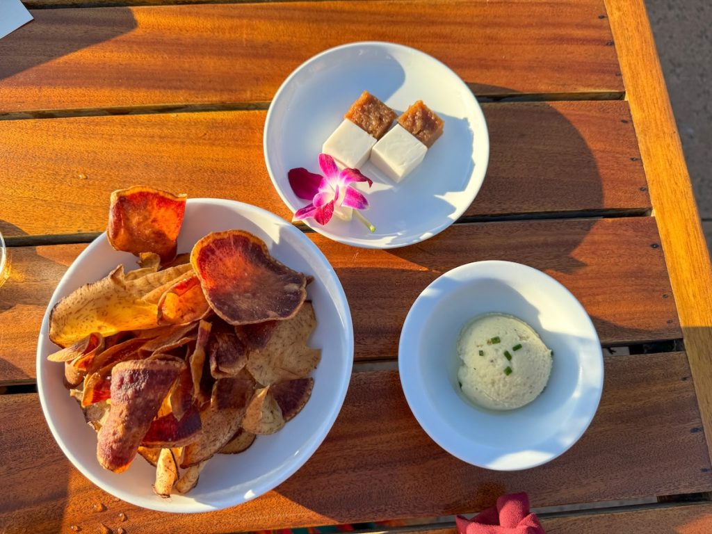 Image of taro chips, ulu hummus, and haupia at Old Lahaina Luau