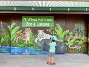 Find out the best things to do in Hilo with kids. Image of a boy in front of the Pana'ewa Rainforest Zoo sign
