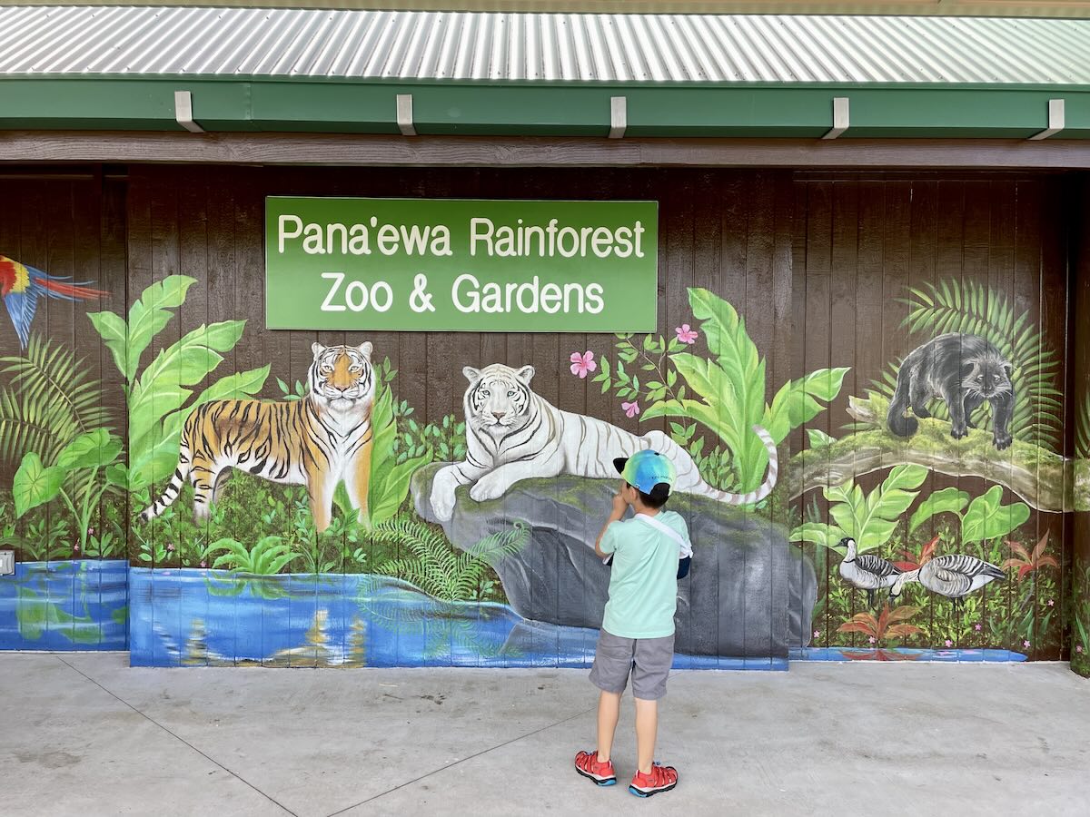 Find out the best things to do in Hilo with kids. Image of a boy in front of the Pana'ewa Rainforest Zoo sign