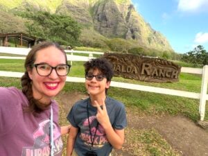 Image of Hawaii travel expert Marcie Cheung and her son at Kualoa Ranch
