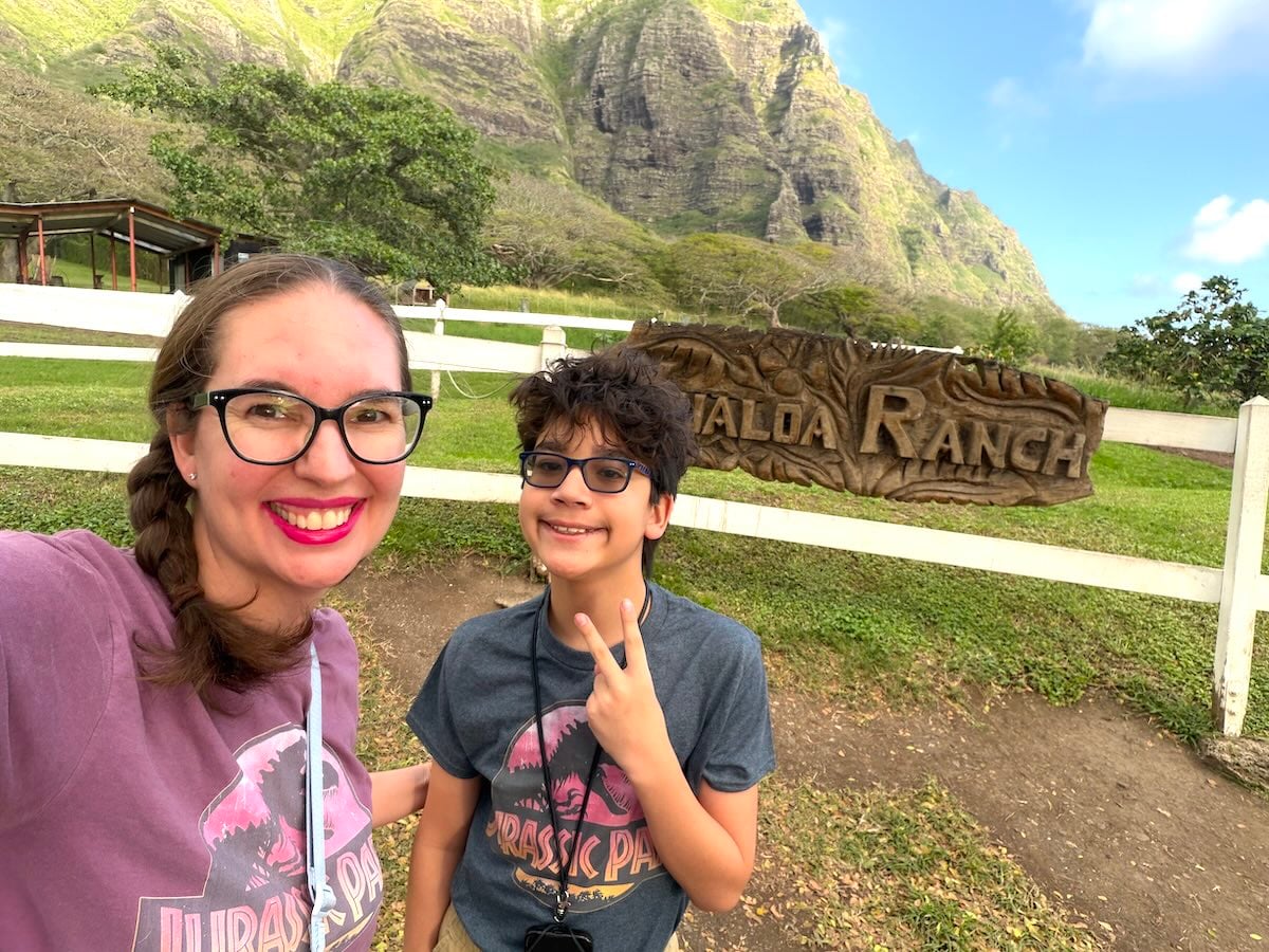 Image of Hawaii travel expert Marcie Cheung and her son at Kualoa Ranch