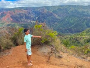 Check out this Waimea Canyon guide by top Hawaii travel expert Marcie Cheung. Image of a boy at Waimea Canyon on Kauai.