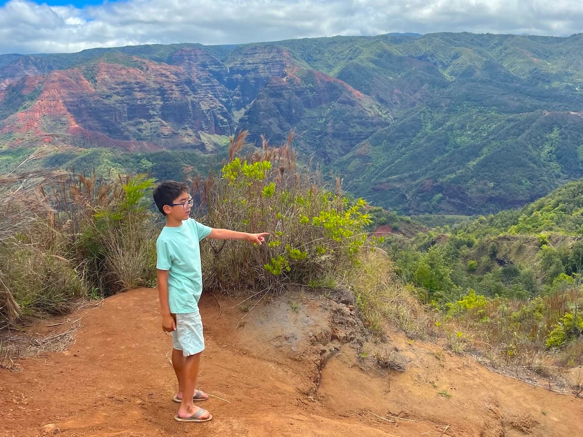 Check out this Waimea Canyon guide by top Hawaii travel expert Marcie Cheung. Image of a boy at Waimea Canyon on Kauai.