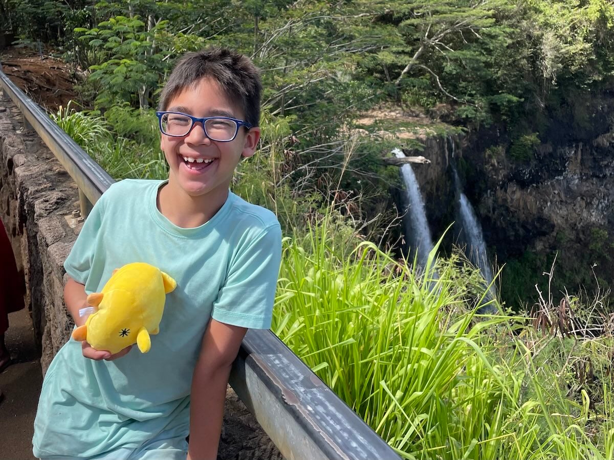 Image of a boy in front of a waterfall on Kauai